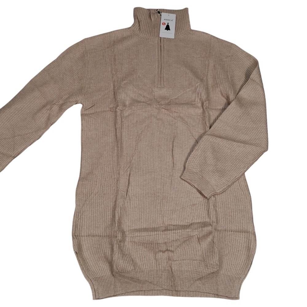 ZESICA Sweater Dress Womens Small‎ Tan Ribbed Knit Quarter Zip Long Sleeve